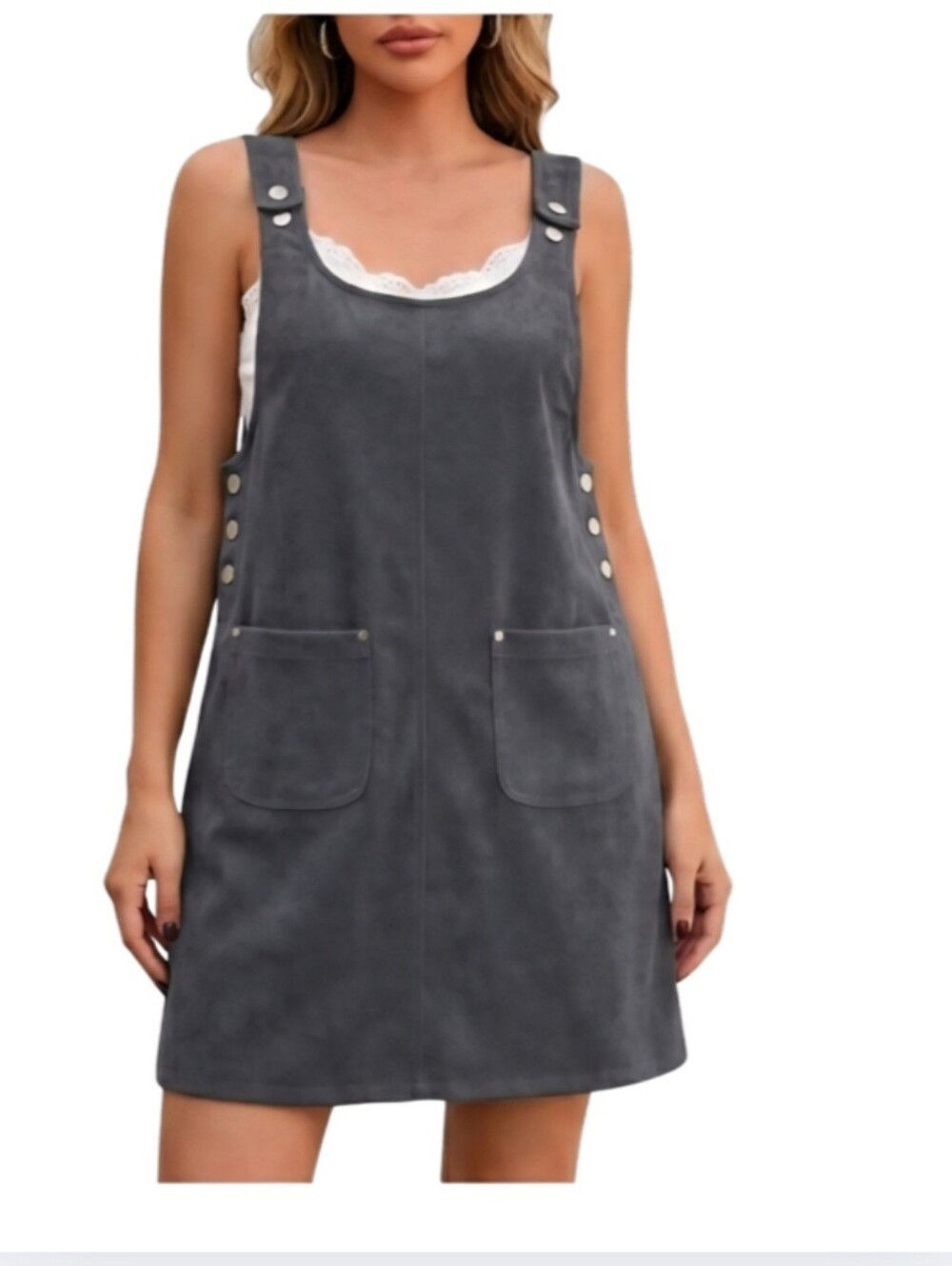 Denim & Co. Jumper Overall Dress Soft Medium Grey Button Pockets Roomy